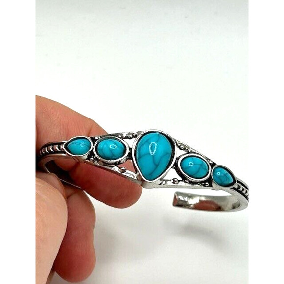 Faux Silver Turquoise Stones Open Bangle Cuff Bracelet Jewelry Boho Southwestern - Picture 5 of 8